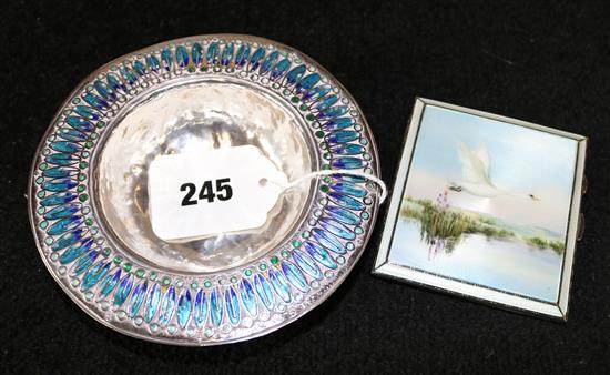 John Gow enamelled silver circular bowl, London 1943 (a.f) & a Mappin & Webb silver cigarette case enamelled with a swan